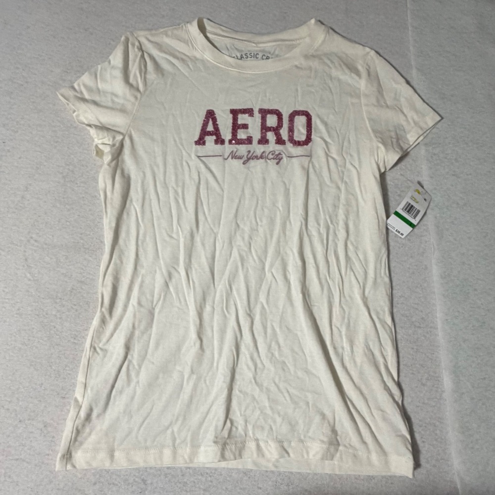 Aeropostale Womens Classic Crew Graphic T-Shirt Cream Glitter Aero NYC Large NWT